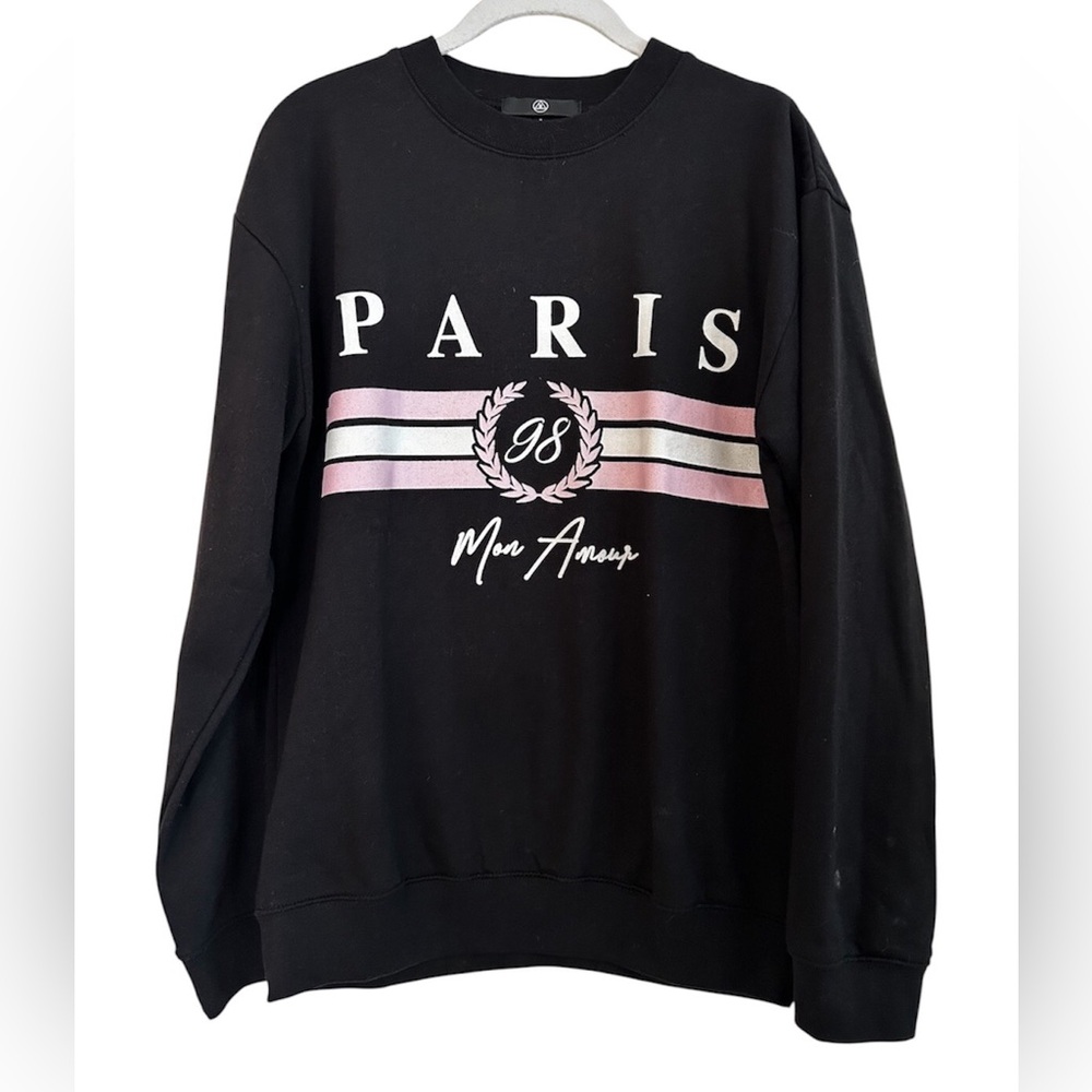 Missguided Black Crewneck Sweatshirt with Paris Mon Amour Graphic Size Small